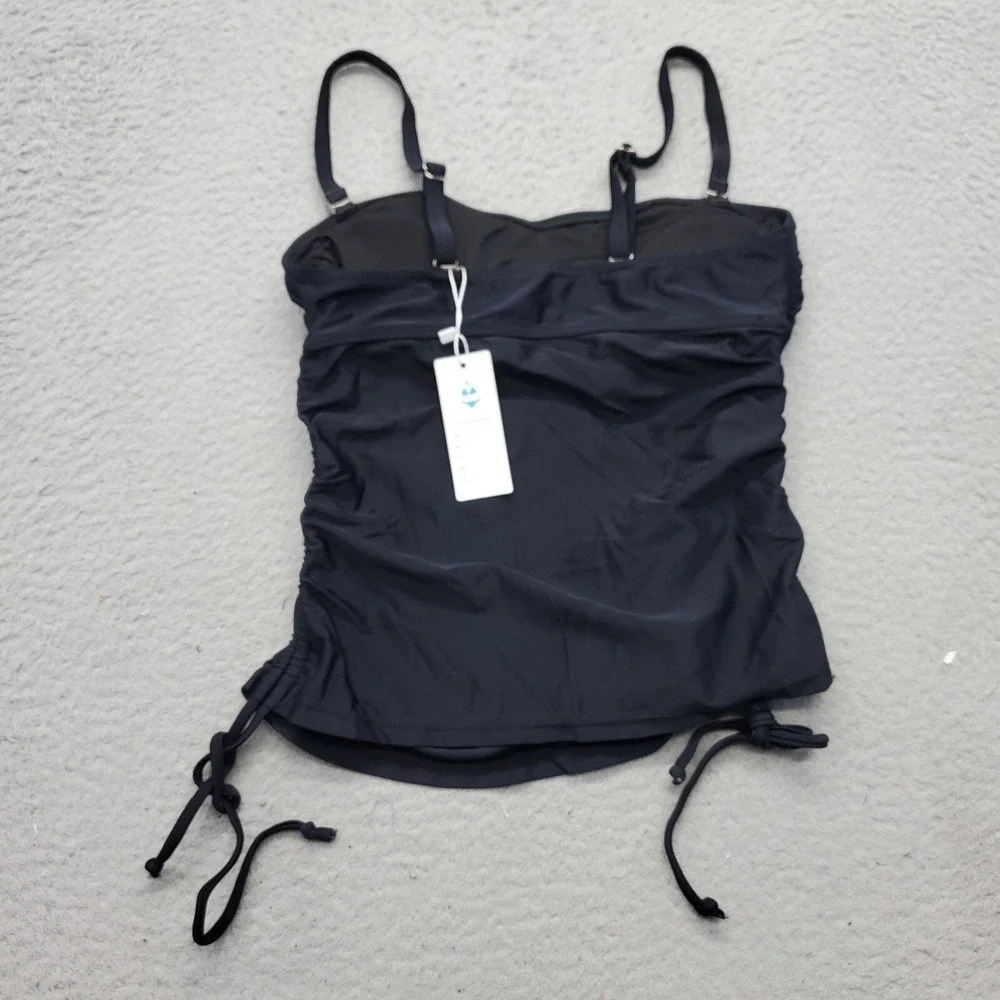 Beachsissi Tankini Top Women Small Black Adjustable Strap Side Ruched Drawstring - Picture 2 of 5